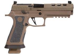 SIG SAUER P320 X FIVE DH3 9MM 10 SHOT CASED TWO MAGS 5″ MATCH GRADE BULL BARREL STAINLESS STEEL SLIDE COYOTE TAN FINISH – SUPPRESSOR SIGHTS – FLAT TRIGGER